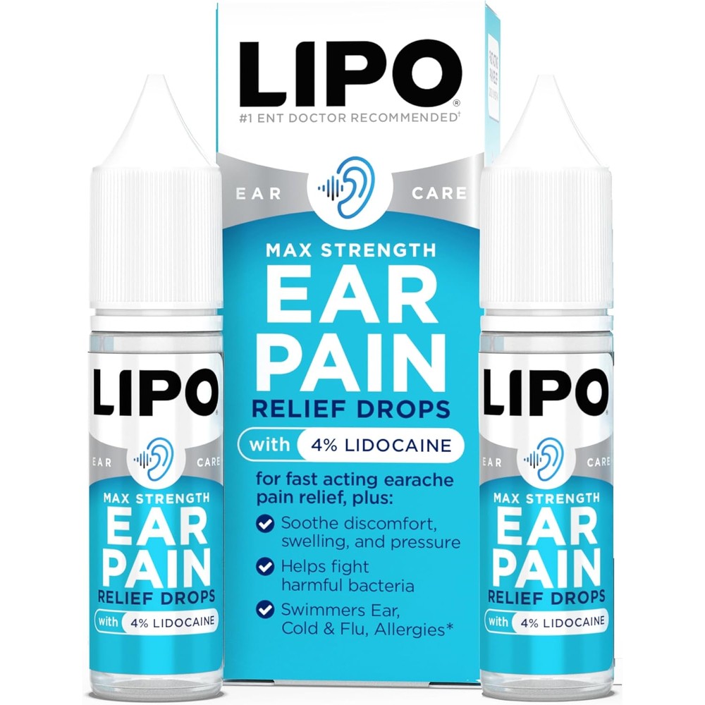Lipo-Flavonoid Fast Acting Ear Ache Drops with 4 % Lidocaine Maximum Strength For Swimmer's Ear Cold Flu Allergies Safe for Adults & Children Pk2