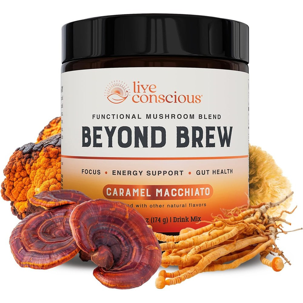 Beyond Brew Caramel Macchiato Coffee Alternative - Low Caffeine Superfood - Powerful Mushroom Complex with Lion's Mane, Reishi & Chaga - Brewed Drink with Prebiotics & Probiotics - 30 Servings