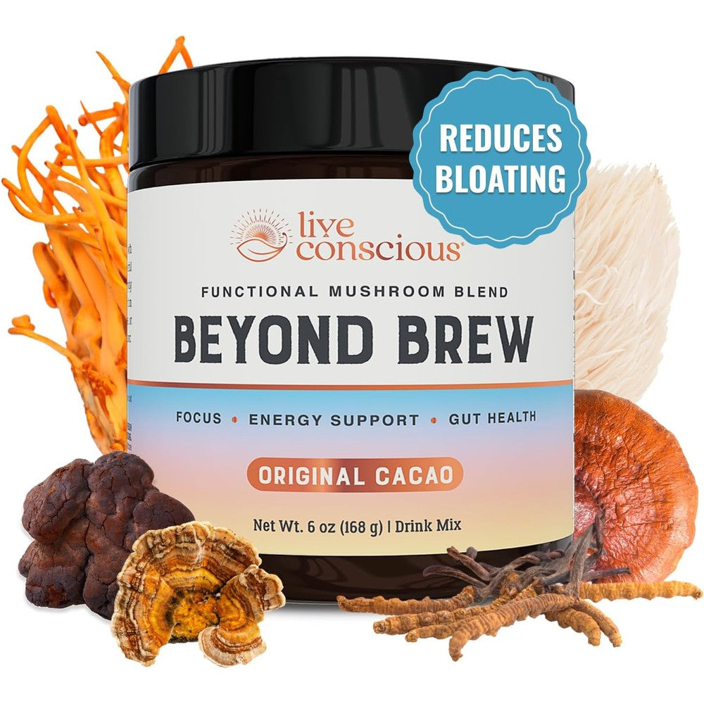 Live Conscious Beyond Brew - Coffee Alternative - Low Caffeine - Mushroom Complex w/Lion's Mane, Reishi, Cordyceps & Chaga for Sustained Focus, Energy & Immunity - w/Prebiotics & Probiotics - 30