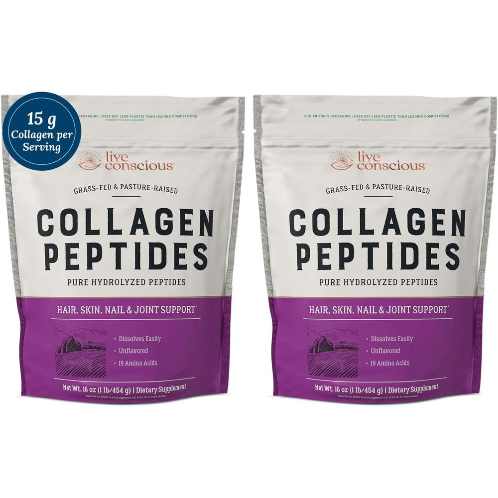 Live Conscious Collagen Peptides Powder - Hair, Skin, Nail, and Joint Support - Type I & III Collagen - Naturally-Sourced Hydrolyzed Protein - 16oz (2-Pack)