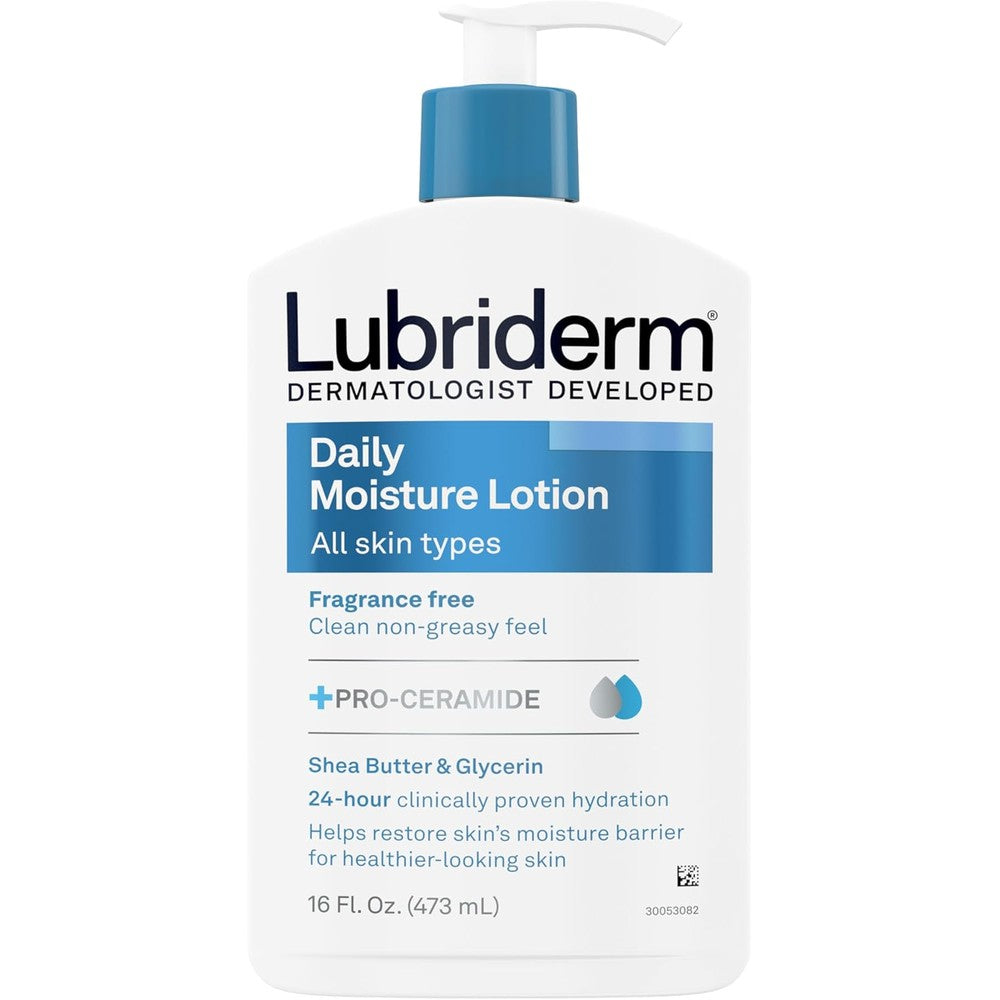 Lubriderm Fragrance Free Daily Moisture Lotion front view three pack bottle for dry skin barrier repair