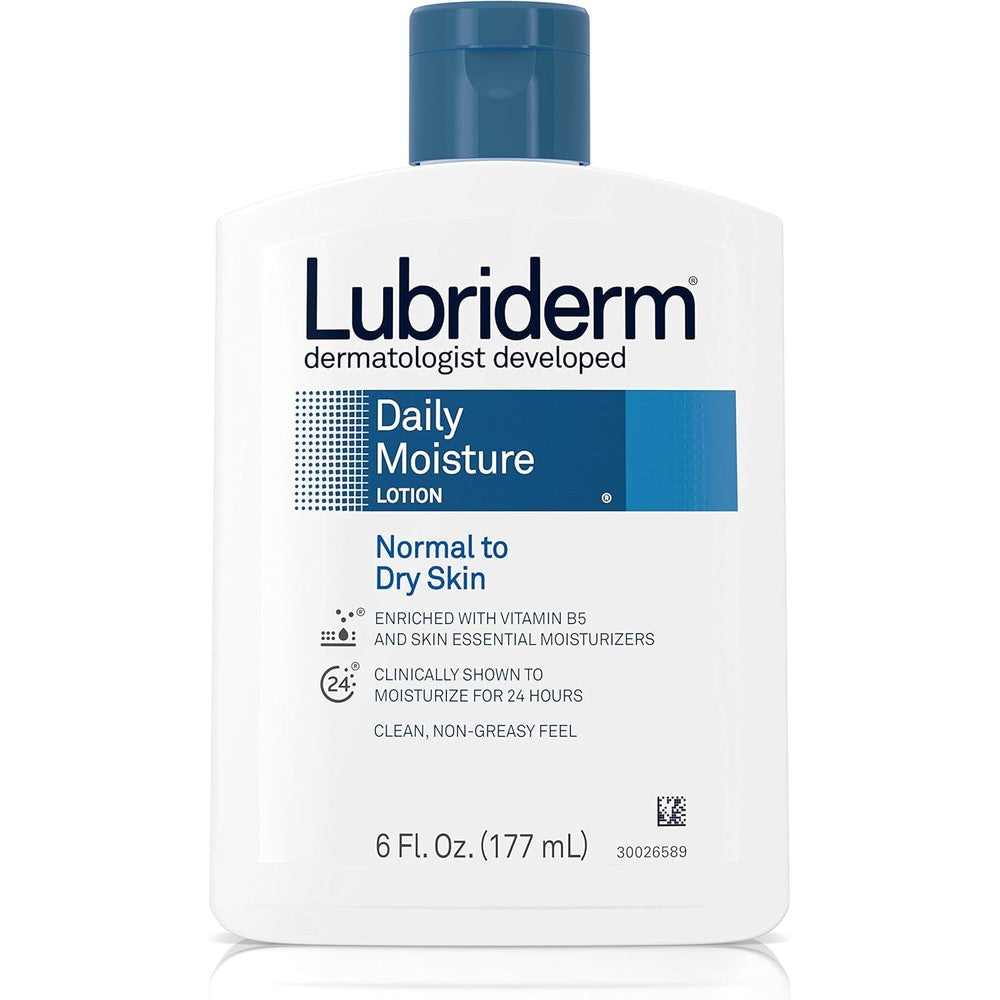 Lubriderm Daily Moisture Hydrating Body and Hand Lotion front bottle view showing Vitamin B5 formulation.