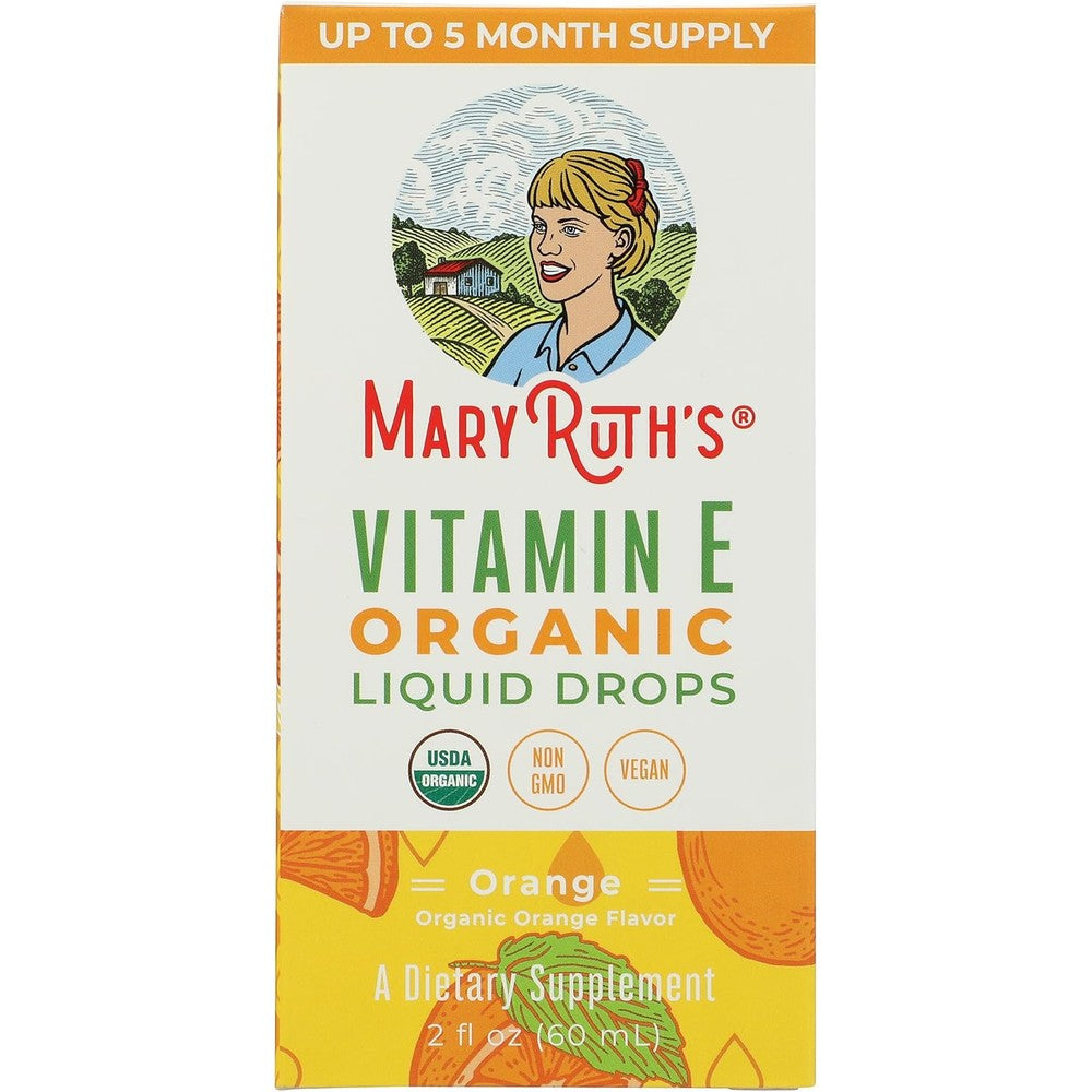 MaryRuth Organics Vitamin E Organic Liquid Drops front packaging view showing orange flavor flavor details.