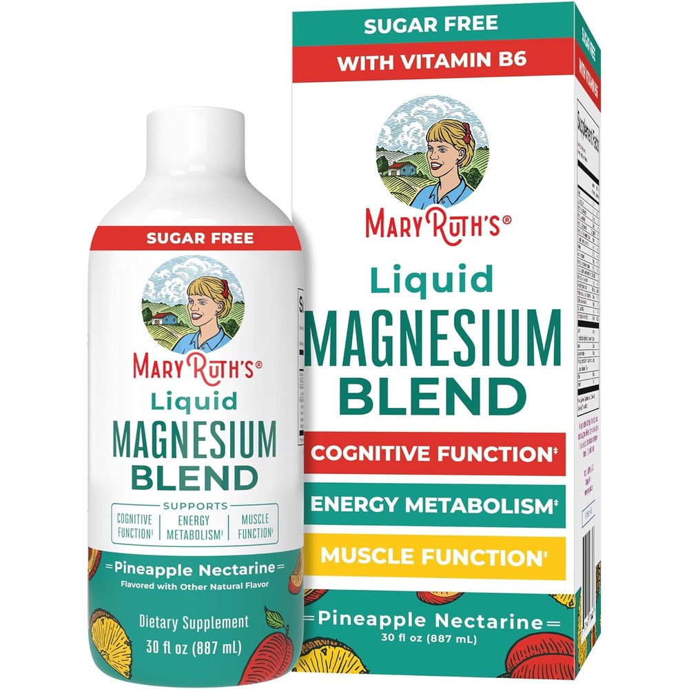 MaryRuth's Liquid Magnesium Complex bottle front view showing pineapple nectarine flavor packaging.