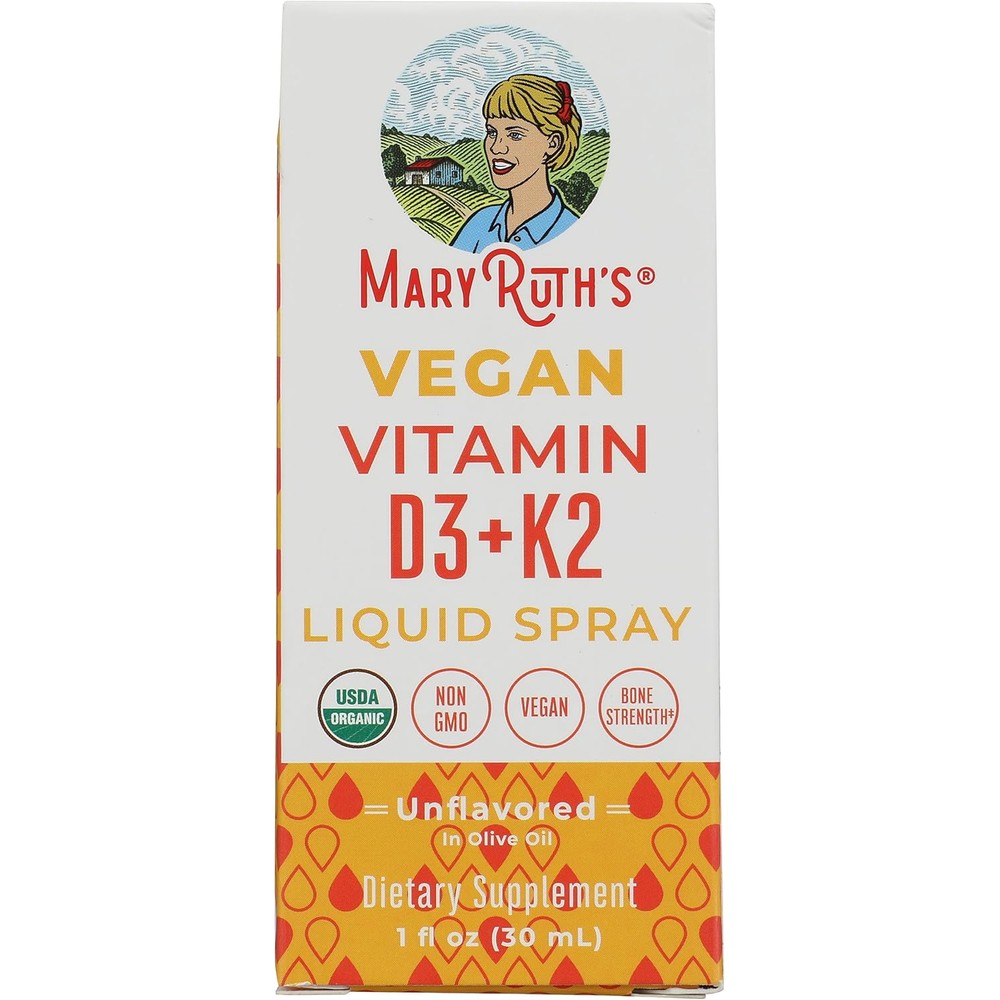 MaryRuth Organics Vitamin D3 Plus K2 Spray 1 Fluid Ounce bottle front view showing organic certification