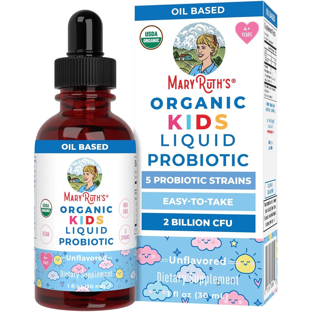 MaryRuth's Organics Kids Probiotic Liquid Drops front packaging view highlighting USDA organic certification.