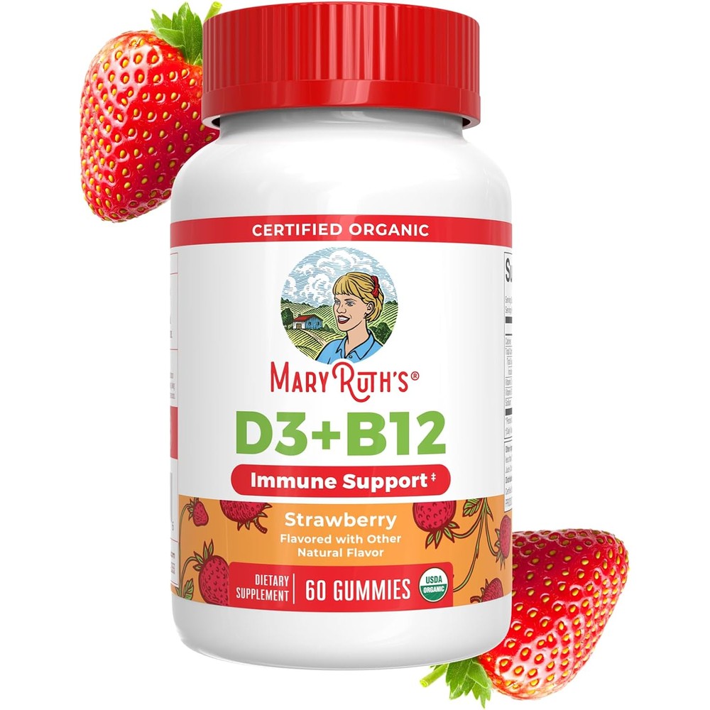 MaryRuth Organics Vitamin D3 B12 Gummies front bottle view for immune support.