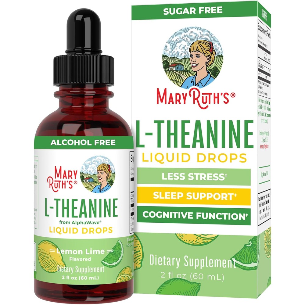 MaryRuth's L-Theanine Liquid Drops front view showcasing the dropper bottle packaging.