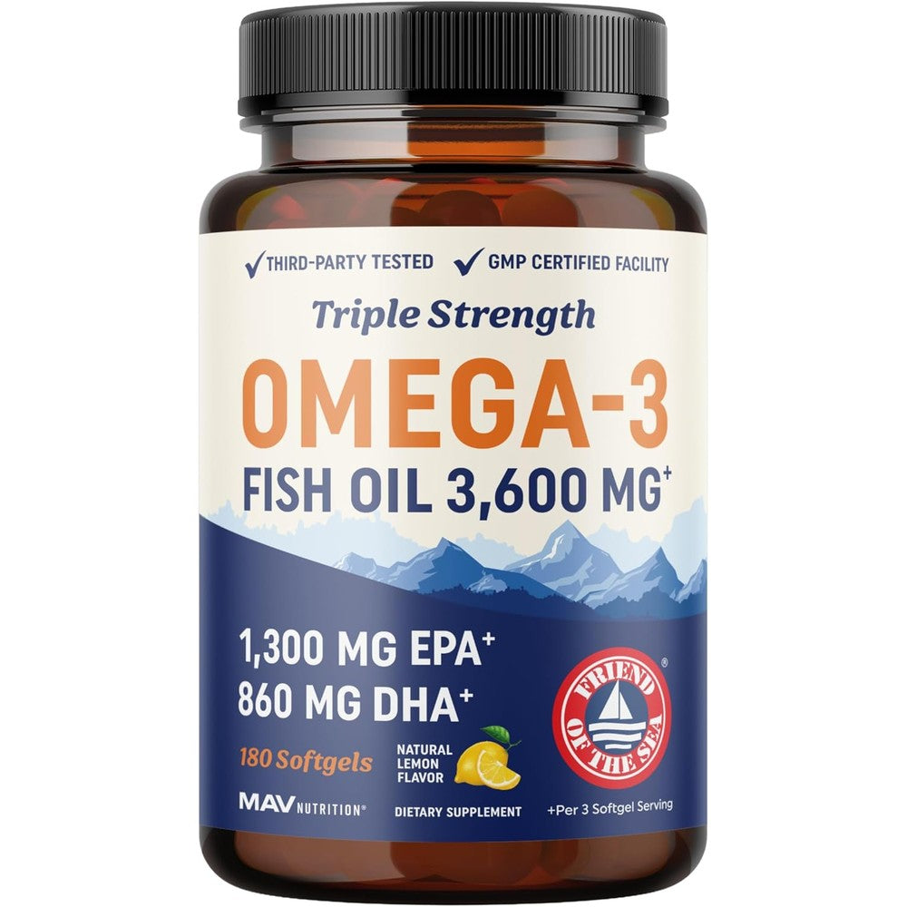 Triple Strength Omega 3 Fish Oil 3600 mg | EPA & DHA | Over 2100mg Omega-3 Fatty Acids | 1300mg EPA + 860mg DHA | Best Essential Fatty Acids | Premium Wild Caught & Burpless Fish Oil | 180 Ct