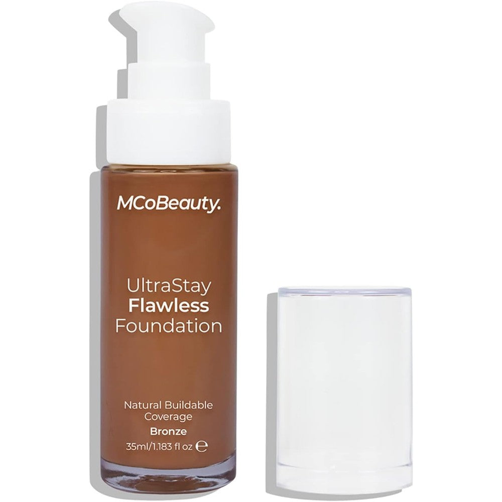 MCoBeauty UltraStay Flawless Foundation Bronze bottle front view showcasing the pump dispenser.