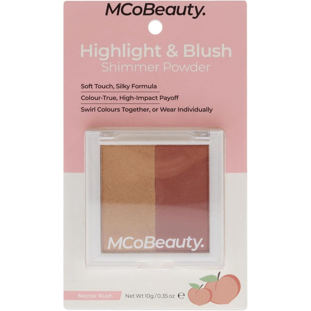 MCoBeauty Highlight and Blush Duo in Nectar Rush front view showing satin blush and high shine highlighter shades