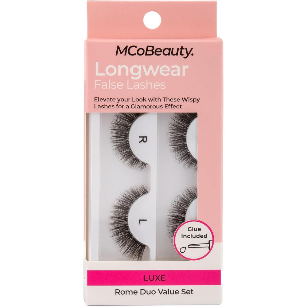 MCoBeauty Longwear False Eyelashes Rome Duo Value Set packaging front view showing two pairs of lashes and adhesive glue.