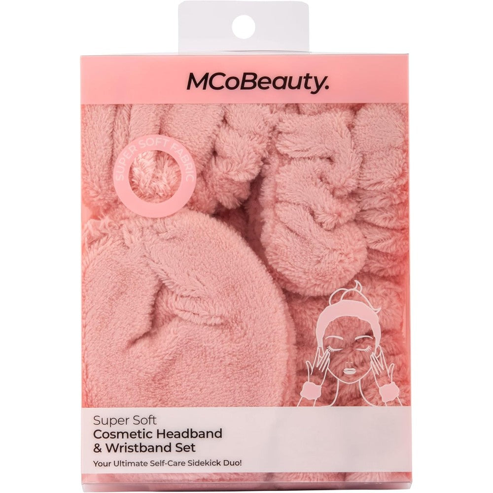 MCoBeauty Super Soft Cosmetic Skincare Headband and Wristband Set front view of pink microfiber beauty tools