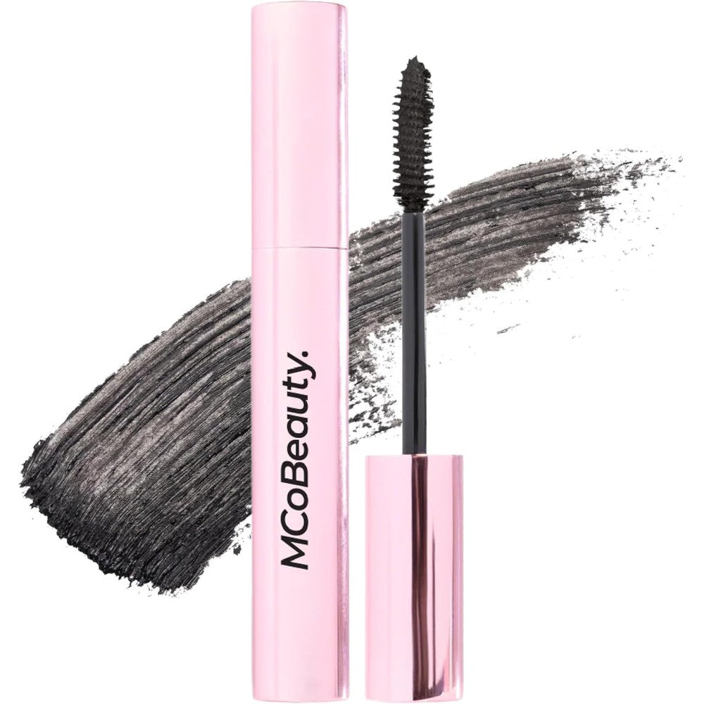 MCoBeauty UltraCurl Lifting Mascara Black front view of the packaging and curved brush.