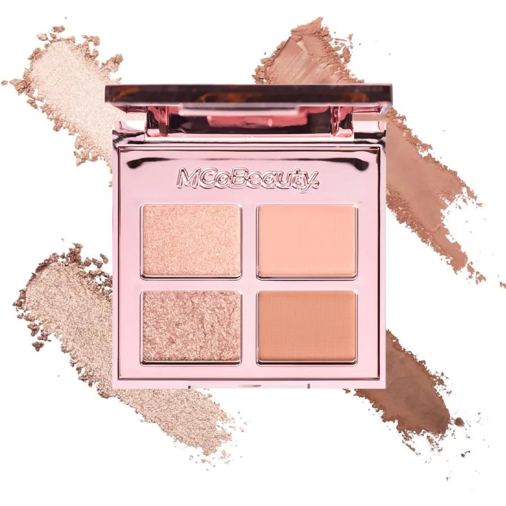 MCoBeauty Ultra Luxe Eyeshadow Quad Cheeky Chat front view of the metallic pink compact case with mirror.