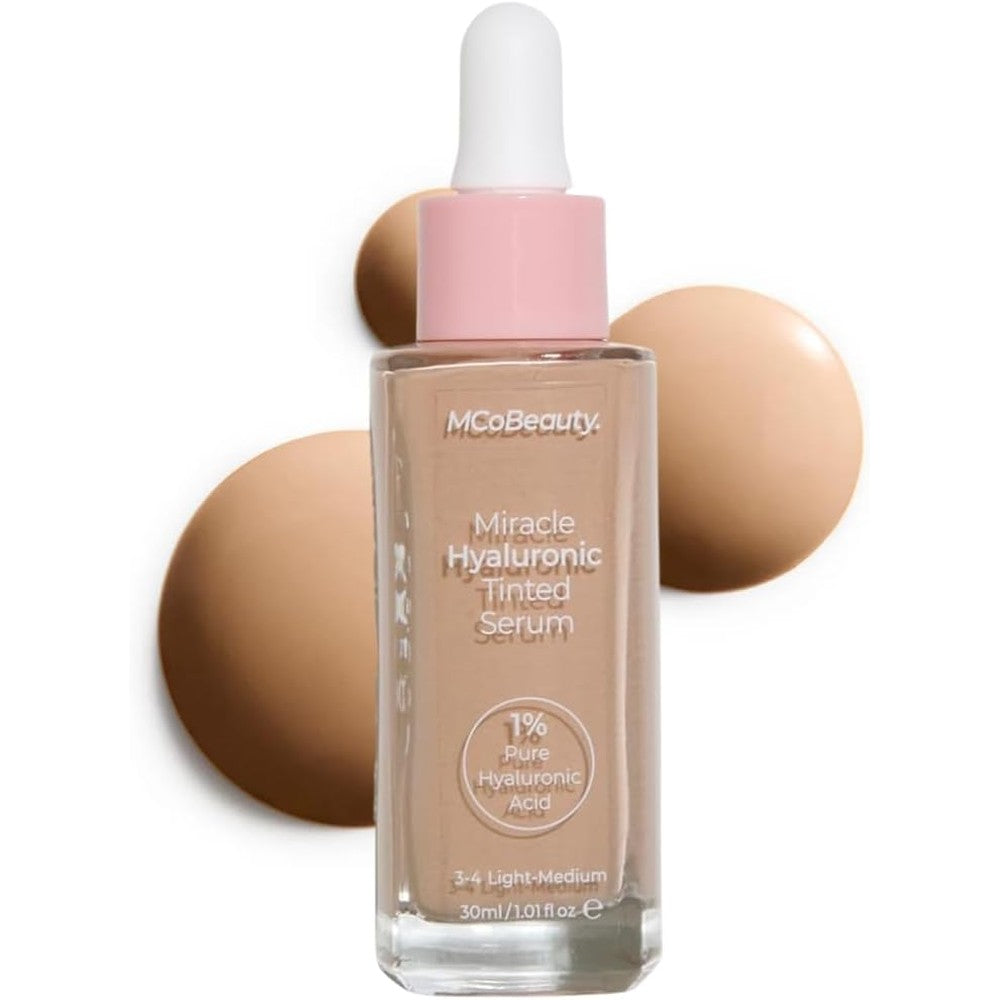 MCoBeauty Miracle Hyaluronic Tinted Serum 3-4 Light Medium bottle front view showing dropper applicator
