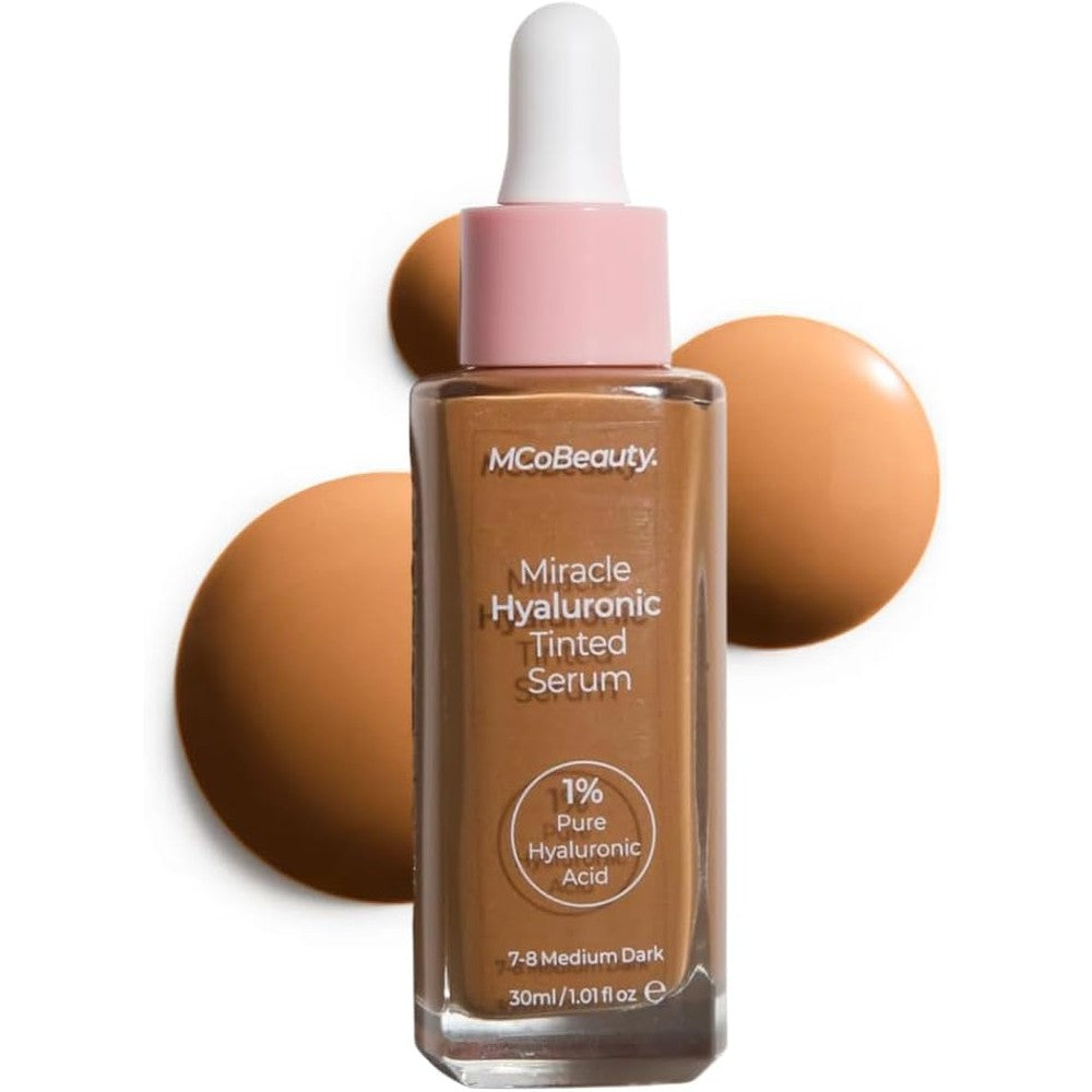 MCoBeauty Miracle Hyaluronic Tinted Serum 7-8 Medium Dark front view bottle with dropper