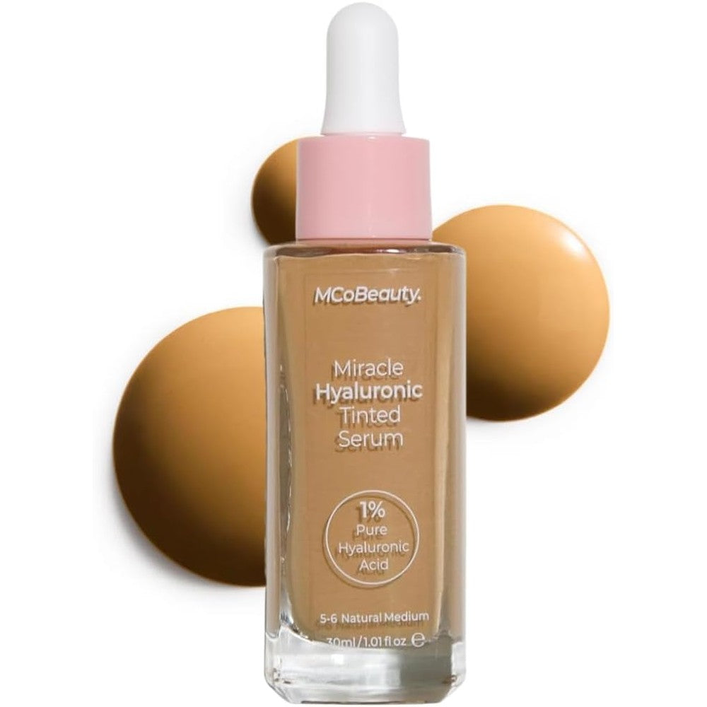 MCoBeauty Miracle Hyaluronic Tinted Serum front view packaging of the hydrating skin tint foundation.