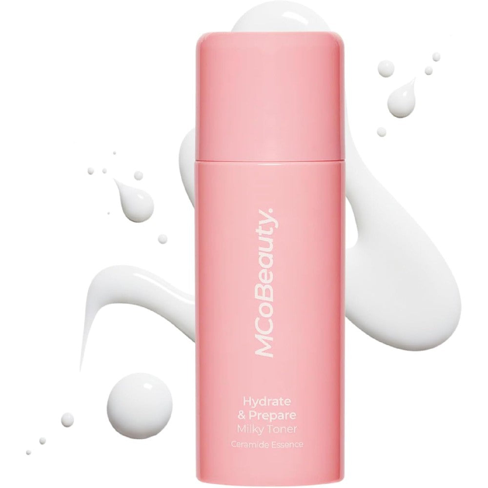 MCoBeauty Hydrate and Prepare Milky Toner front view pink bottle for dry skin hydration