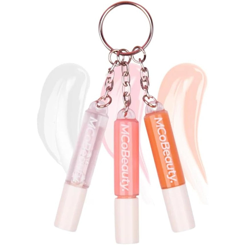 MCoBeauty Lip Gloss Trio front view showcasing the three mini keychain glosses.