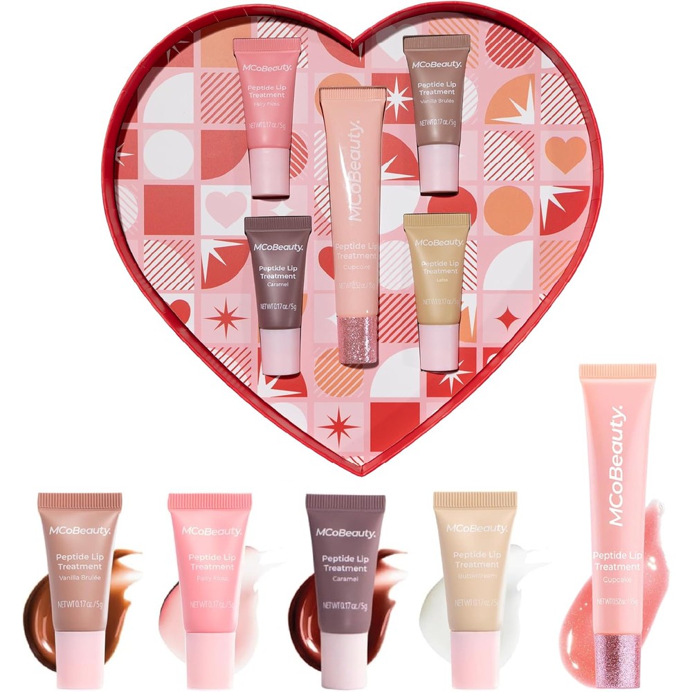 MCoBeauty Peptide Lip Treatment Gift Set front view of heart shaped box packaging