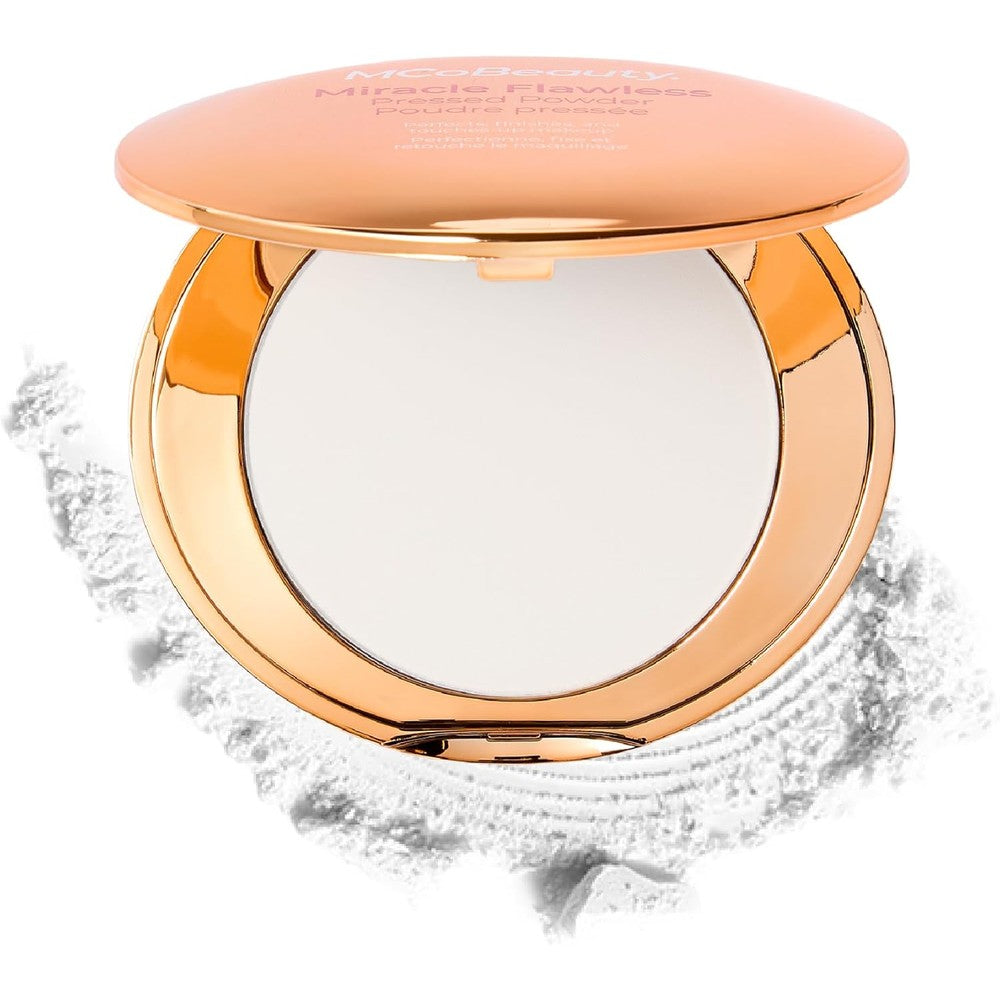 MCoBeauty Miracle Flawless Pressed Powder Translucent front view compact case for matte makeup finishing