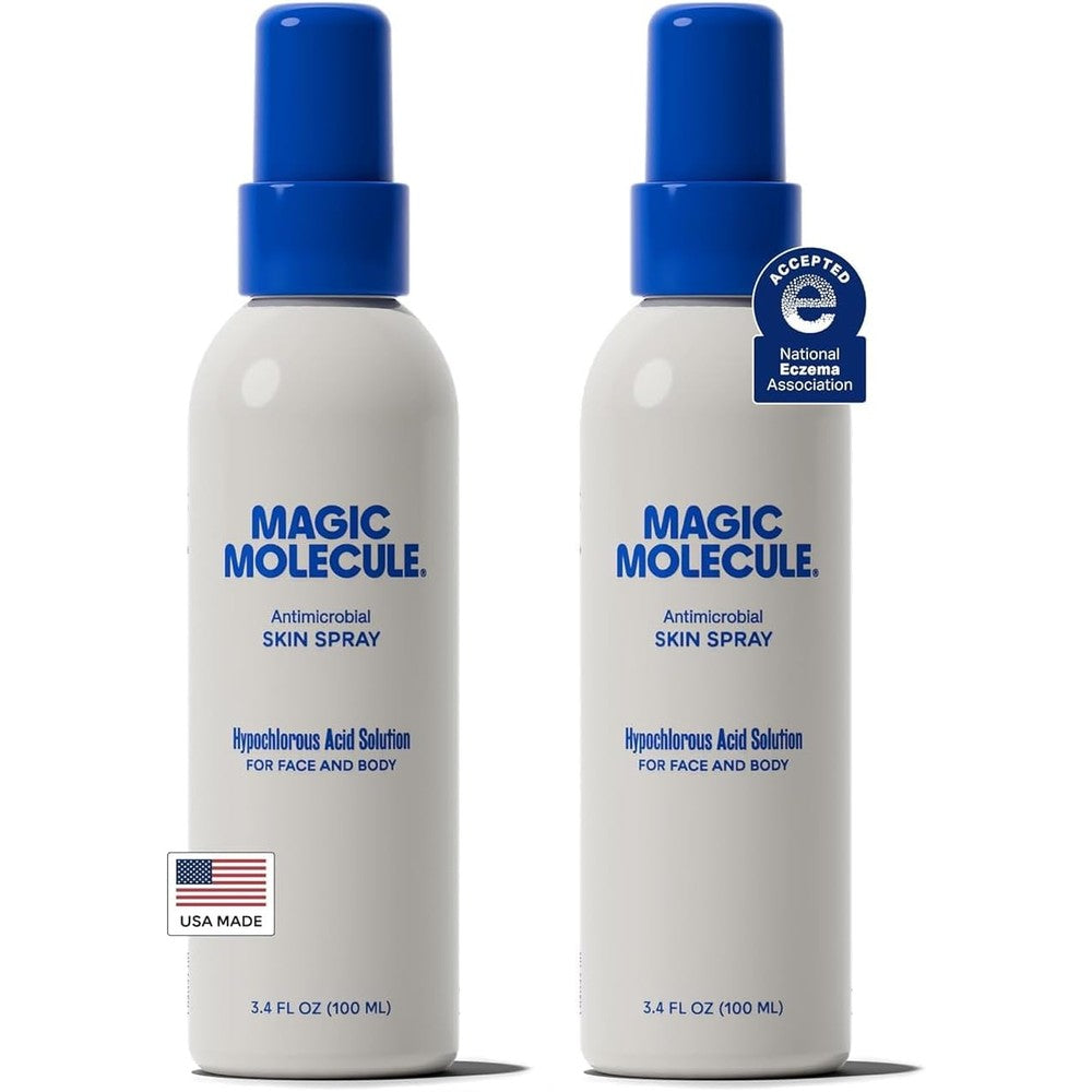 Magic Molecule Hypochlorous Acid Spray front view of white bottle with blue nozzle.