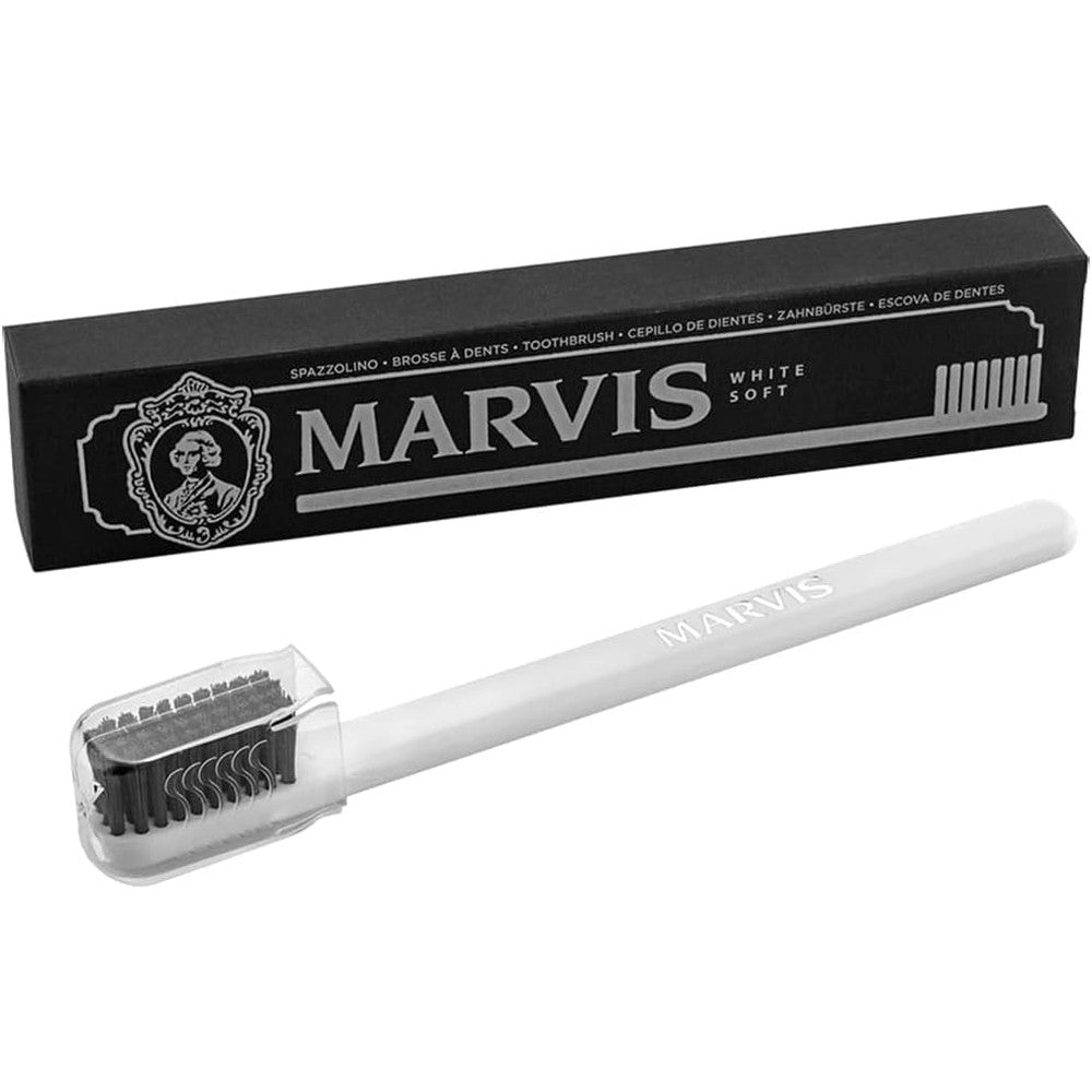 Marvis Soft Bristle Manual Toothbrush in white front view showcasing the premium acrylic handle design.