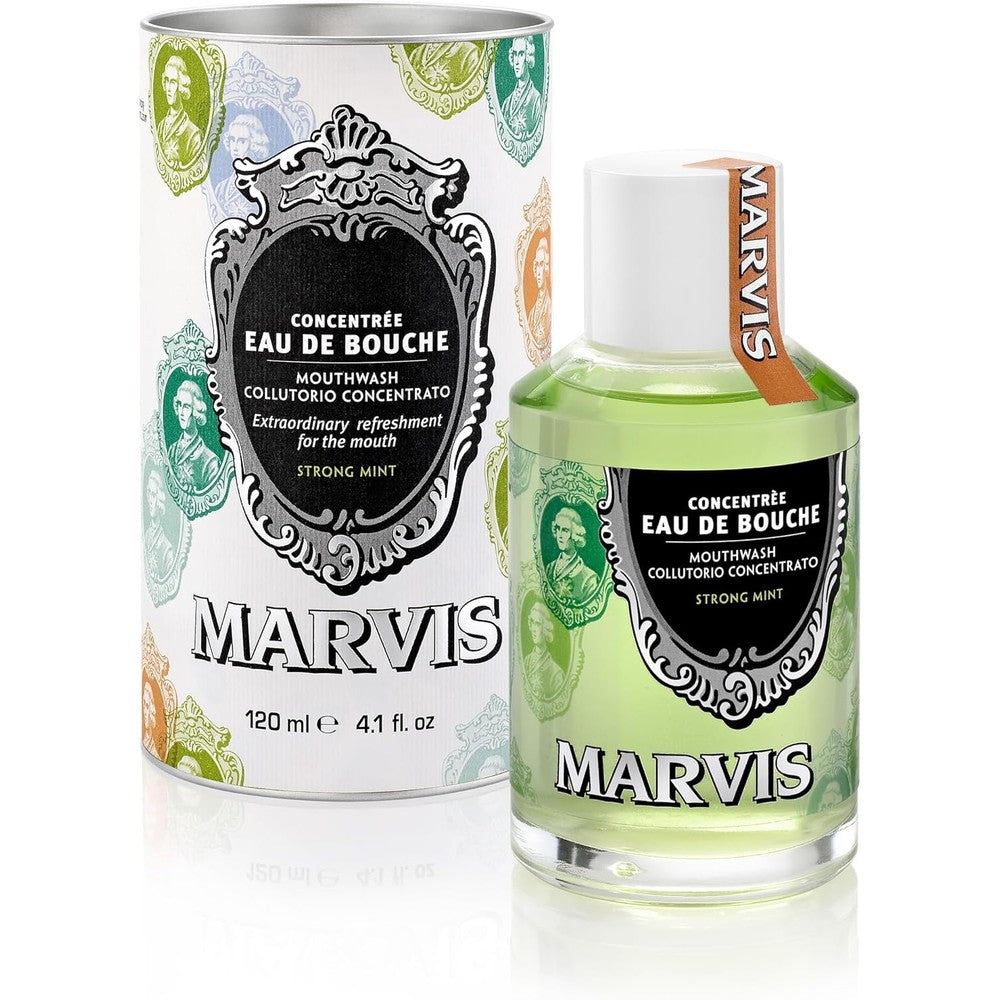 Marvis Strong Mint Mouthwash Concentrate 120 Milliliters front view of vintage style bottle
