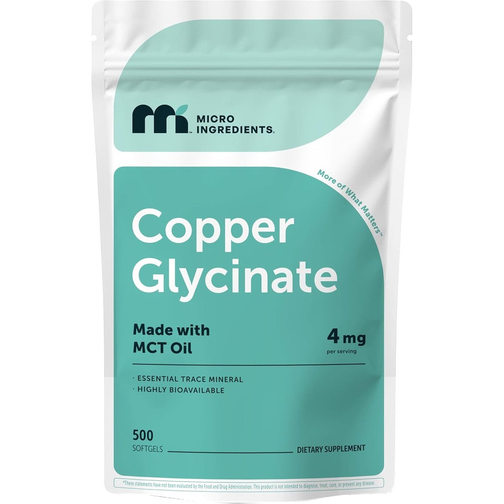 Micro Ingredients Copper Glycinate 500 Softgels front view supplement bottle