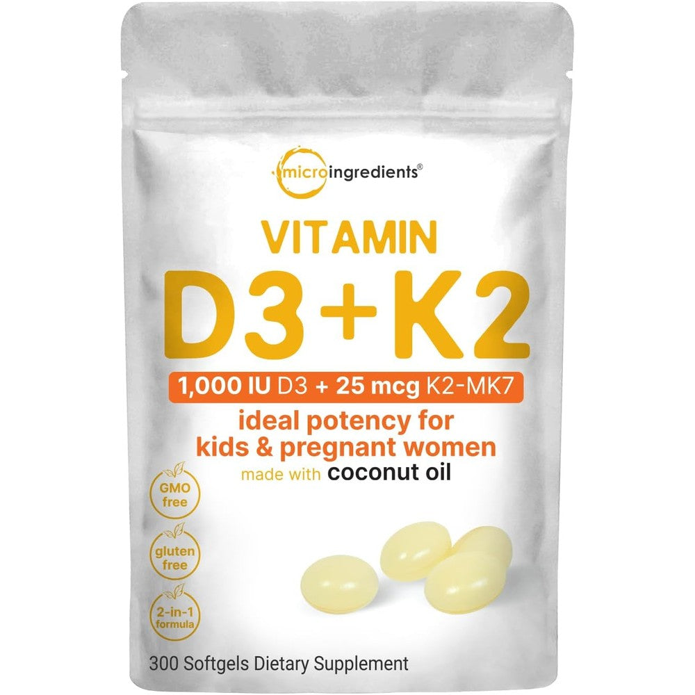 Micro Ingredients Vitamin D3 K2 softgels front view bottle container