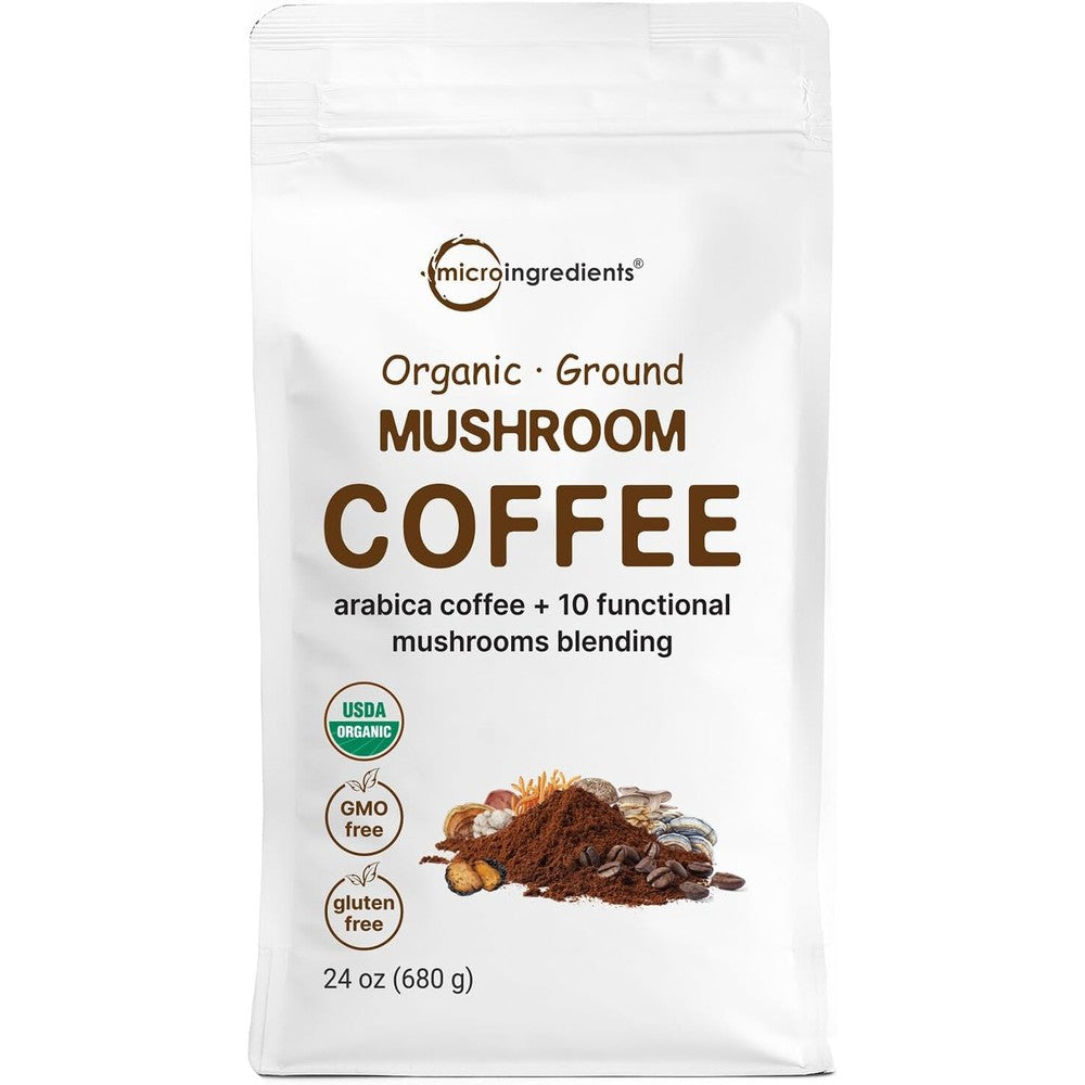 Micro Ingredients organic 10 in 1 ground mushroom coffee front view pouch
