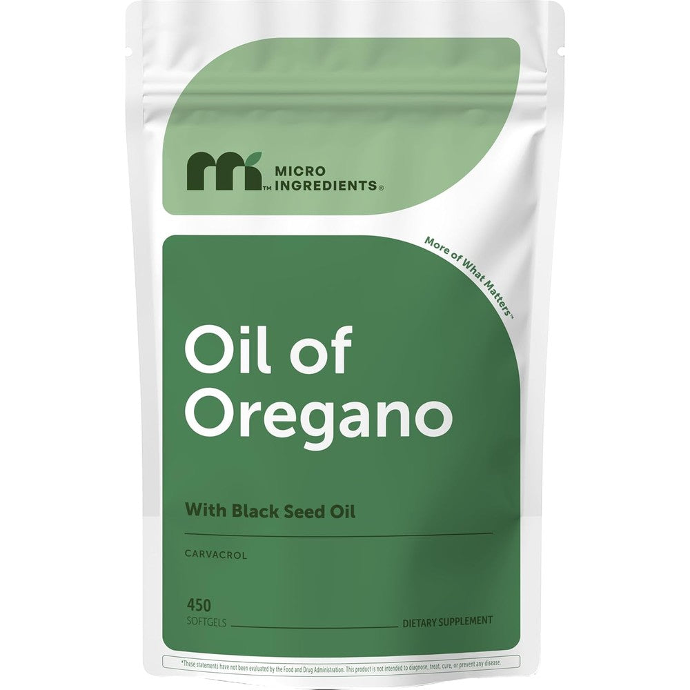 Micro Ingredients oil of oregano with black seed oil softgels front view pouch