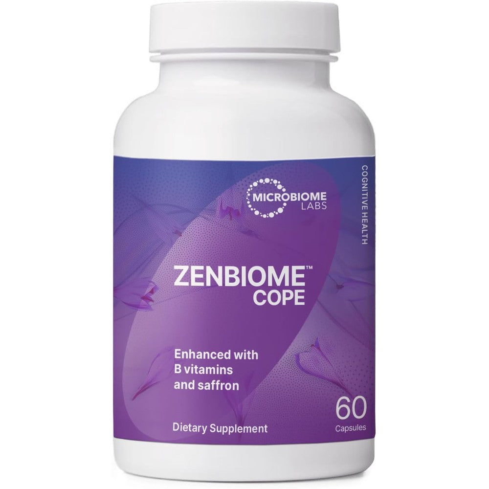 Microbiome Labs Zenbiome COPE bottle front view showing probiotic mood support supplement ingredients