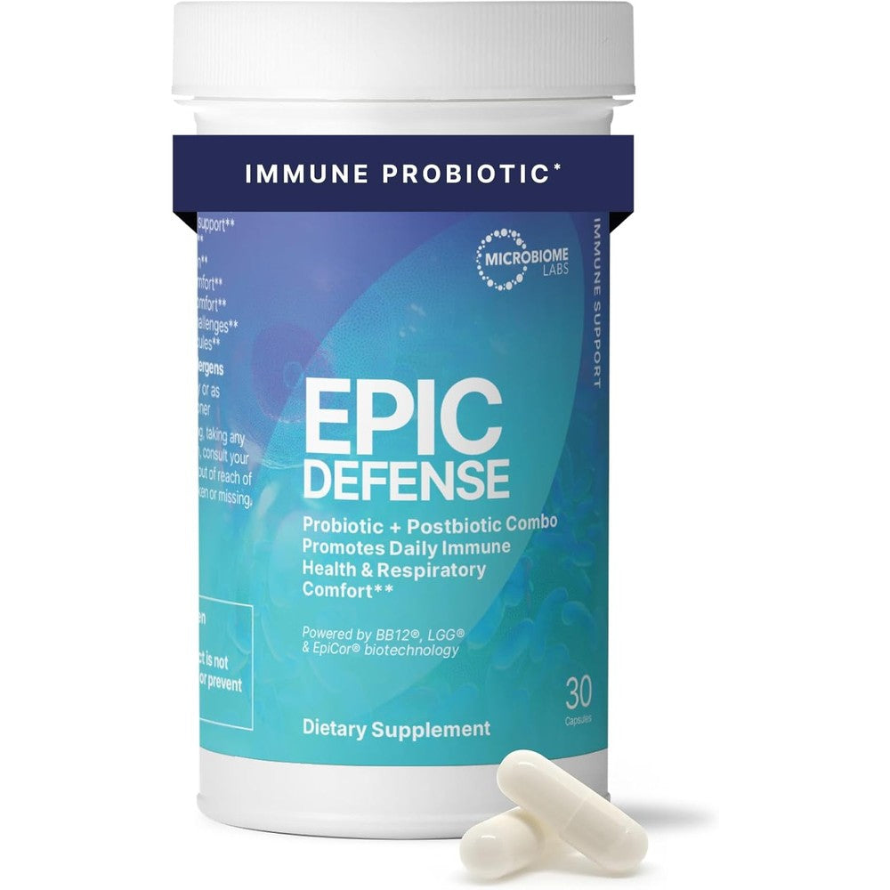 Microbiome Labs EpicDefense Probiotic and Postbiotic Combo bottle front view for premium immune support