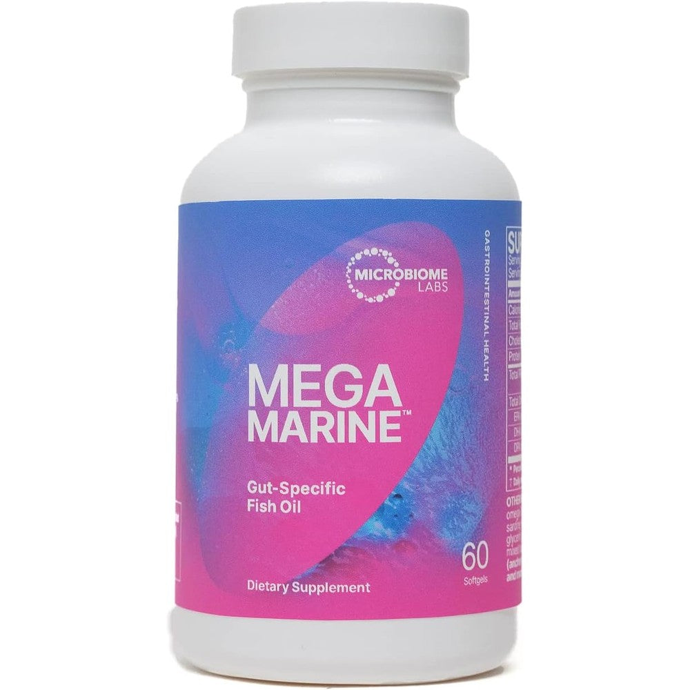 Microbiome Labs MegaMarine Omega 3 fish oil supplement front bottle view