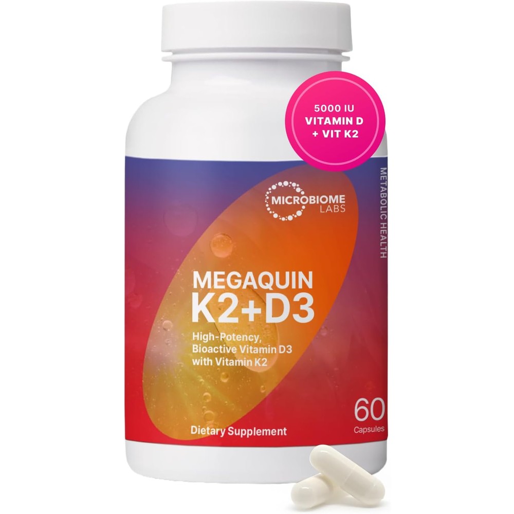 Microbiome Labs MegaQuin D3 and K2 bottle front view showing product labels.
