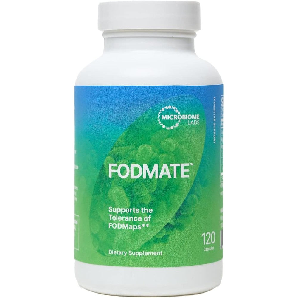 Microbiome Labs FODMATE 120 Capsules front view bottle showing premium digestive enzymes for low FODMAP support.