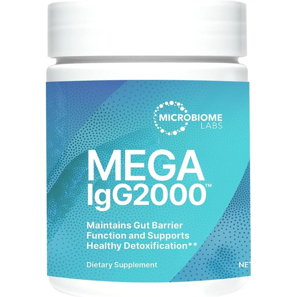 Microbiome Labs Mega IgG2000 Gut Health Powder front view of 2.1 Ounce bottle for digestive support