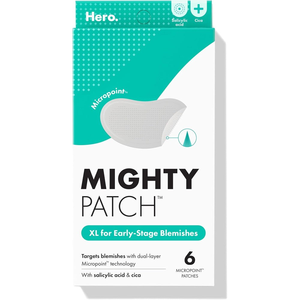 Mighty Patch Hero Cosmetics Micropoint(TM) Large Hydrocolloid Pimple Patches for Face Blemishes, Acne Stickers for Early Stage Zits & Hidden Pimples, 1,385 Proprietary Micropoints, 6 Count