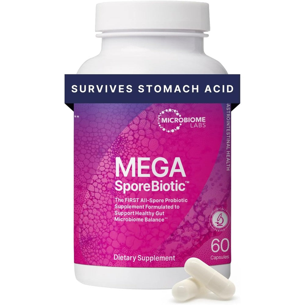 Microbiome Labs MegaSporeBiotic front view bottle for premium gut health