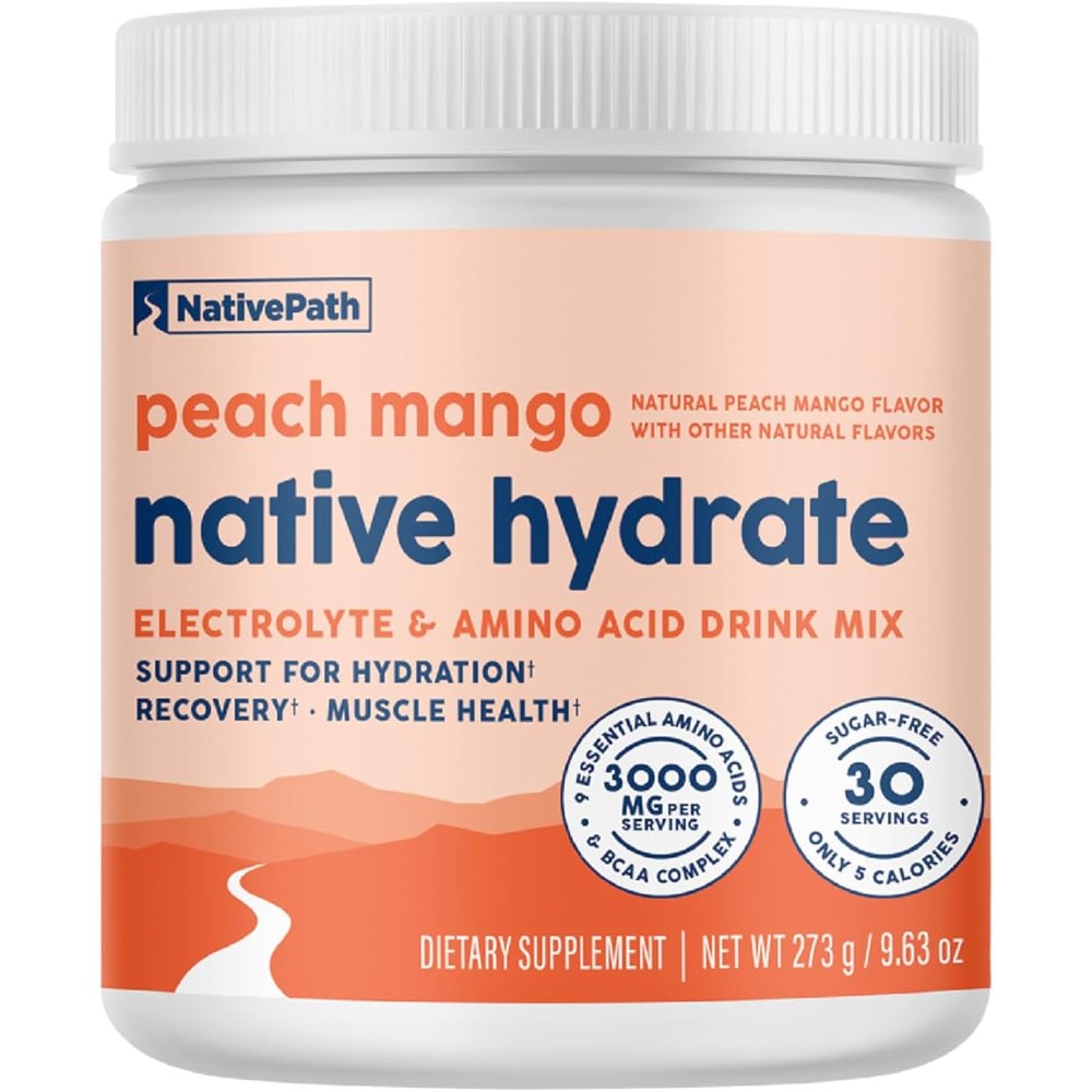 NativePath Hydrate, Zero Sugar, Electrolytes Powder with BCAAs, Peach Mango Hydration, Keto & Paleo Friendly, 30 Servings
