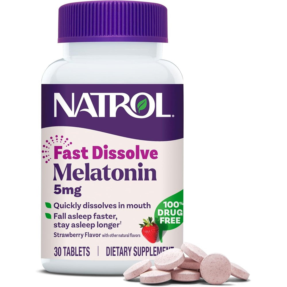 Natrol Fast Dissolve Melatonin 5 mg bottle front view showing strawberry flavor details