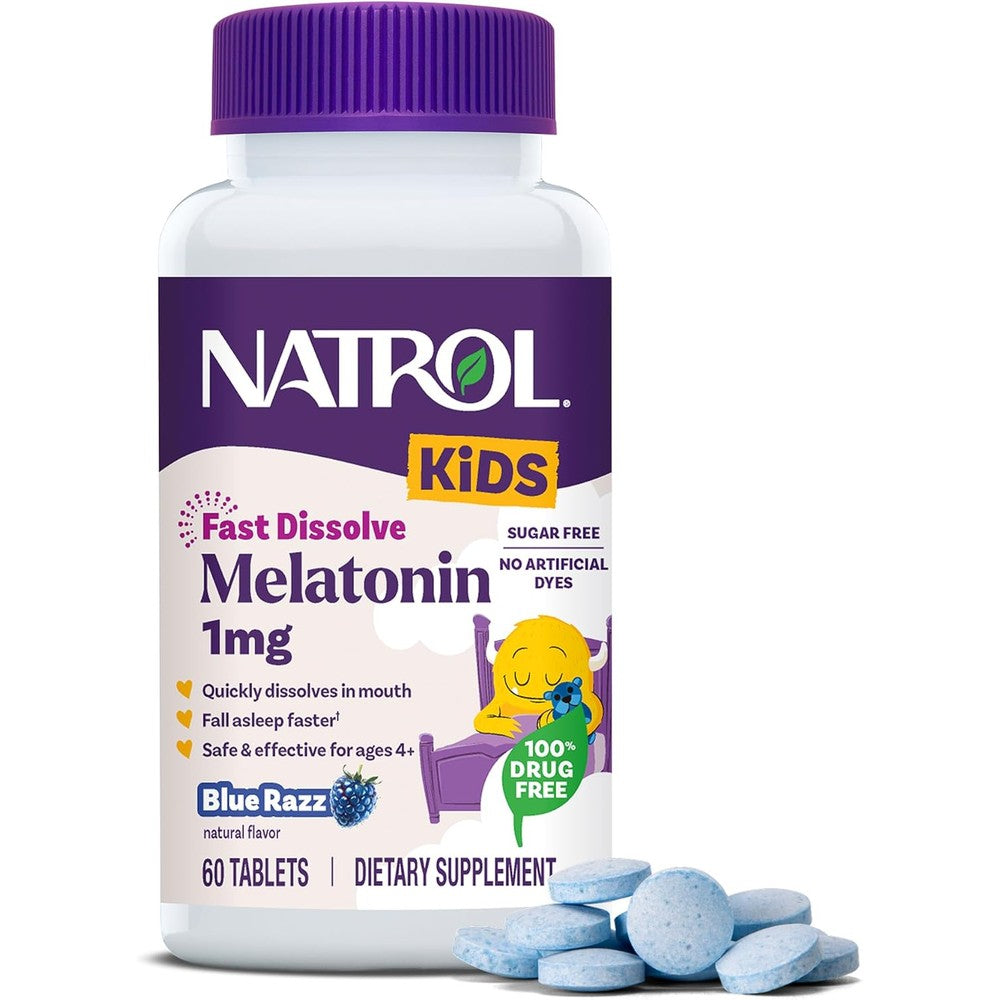 Natrol Kids Fast Dissolve Melatonin 1 mg 60 tablets front view bottle packaging