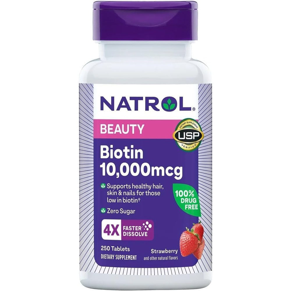 Natrol Biotin Beauty 10000 mcg 250 fast dissolve tablets front bottle view for healthy hair growth