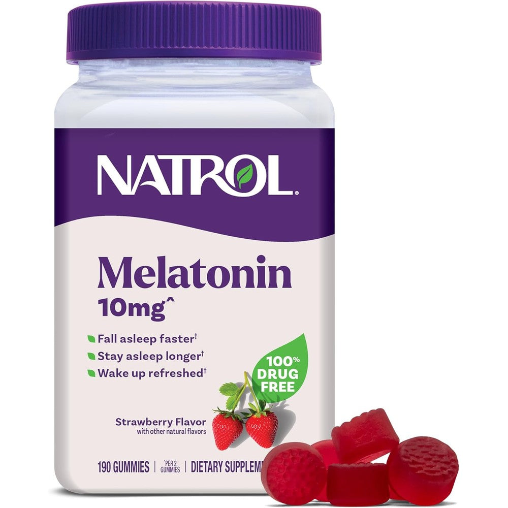 Natrol Melatonin Gummies 190 Count front bottle view for adult sleep support.