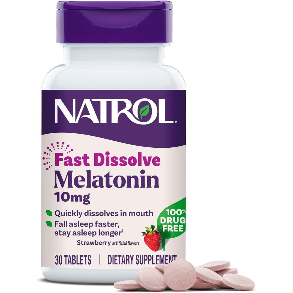 Natrol Melatonin 10mg Fast Dissolve Strawberry 30 Count front bottle view