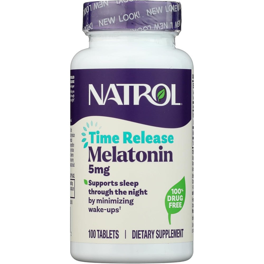 Natrol Melatonin Time Release five milligrams bottle front view showcasing one hundred vegetarian tablets for sleep support.