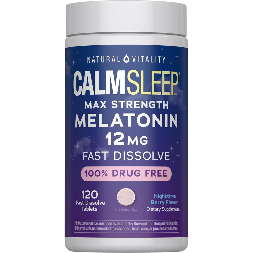 Natural Vitality Calm Sleep Melatonin 12mg Fast Dissolve Tablets | Max Strength Supplement | Nighttime Berry Flavor | 100% Drug Free | 120 Count