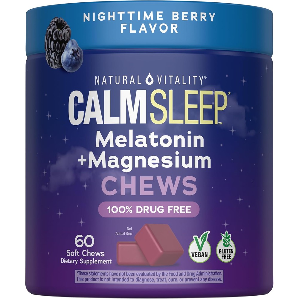 Natural Vitality Calm Sleep Melatonin with Magnesium Chews | Nighttime Berry Flavored Supplement| 100% Drug Free | Vegan & Gluten Free Formula | 60 Count